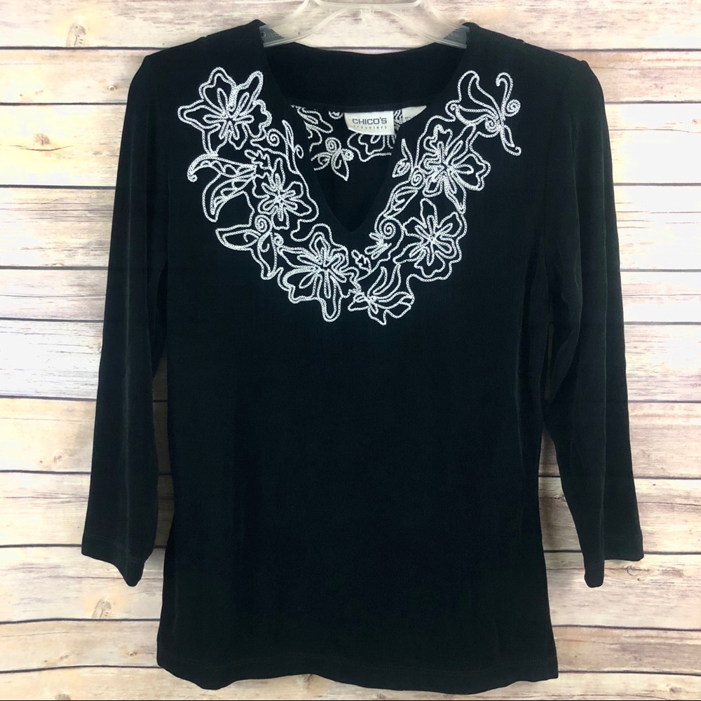 Chico’s Travelers Black Embroidered Top Sz 0 NWT